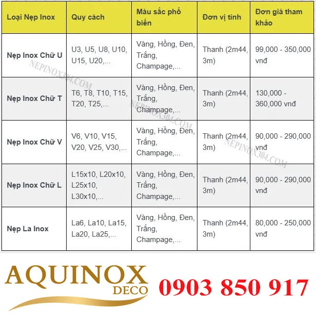Bảng Báo Giá Nẹp Inox 304